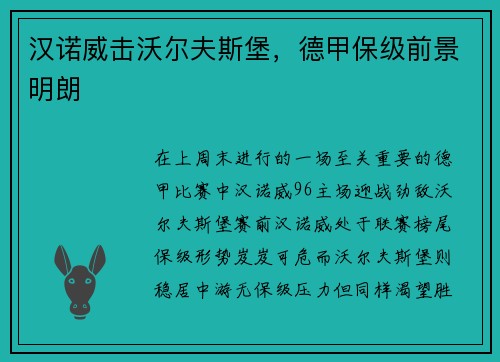 汉诺威击沃尔夫斯堡，德甲保级前景明朗