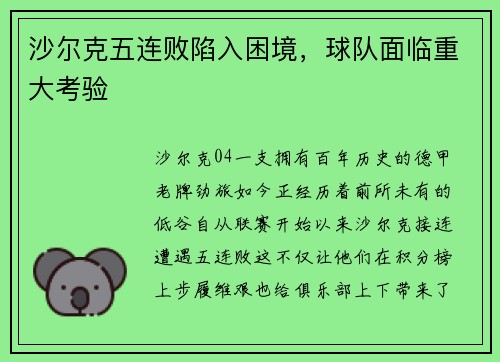 沙尔克五连败陷入困境，球队面临重大考验